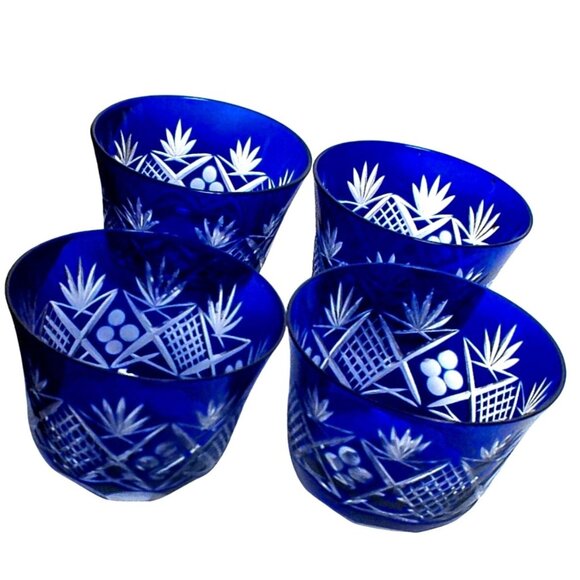 Edo Kiriko Cobalt Blue Cut to Clear Crystal Drinkware Set - Picture 1 of 5